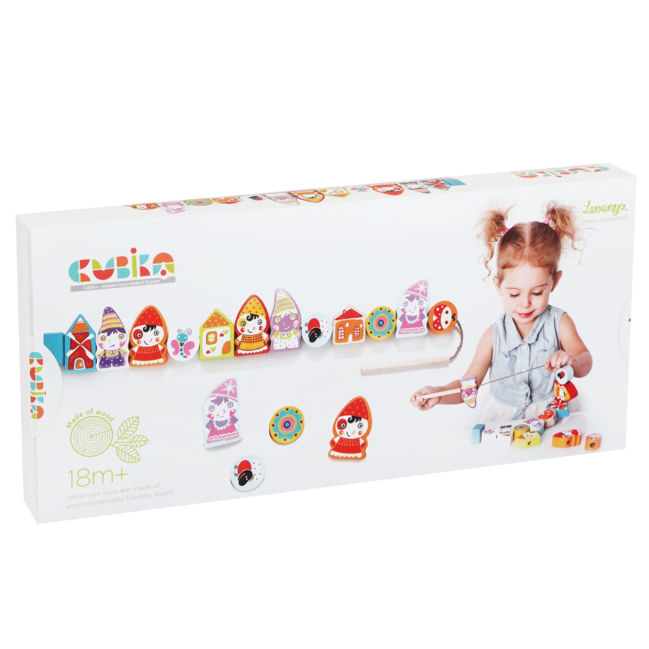 CUBIKA 13654 Navlékací trpaslíci - navlékací set - 13 dřevěných dílů a 8 předloh